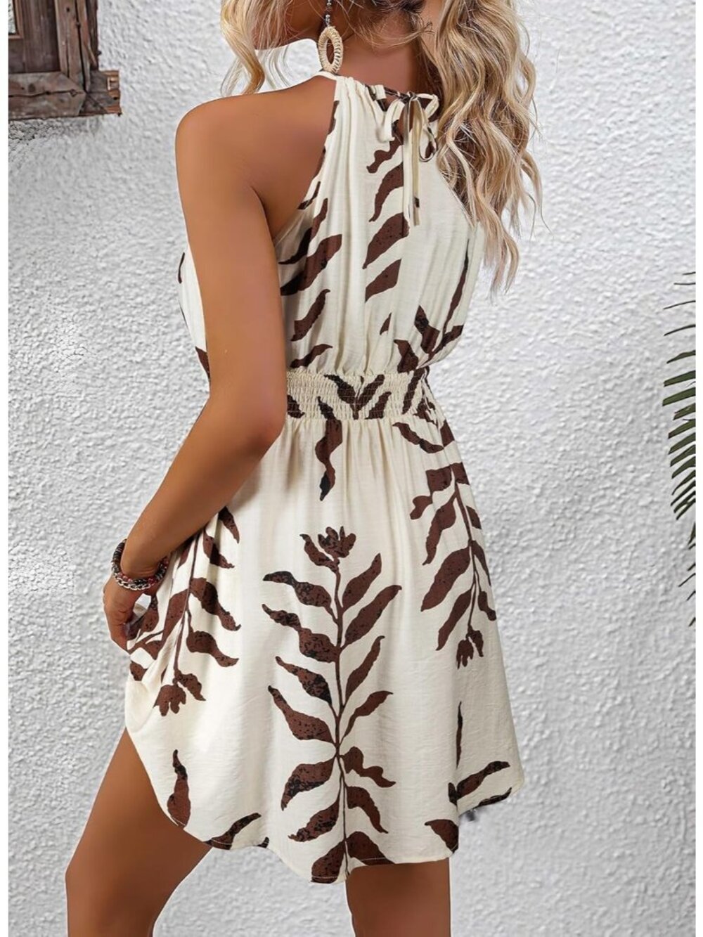Women's Summer Beach Halter Neck Dresses Beige A Line Mini Dress with Pockets - Picture 3 of 6